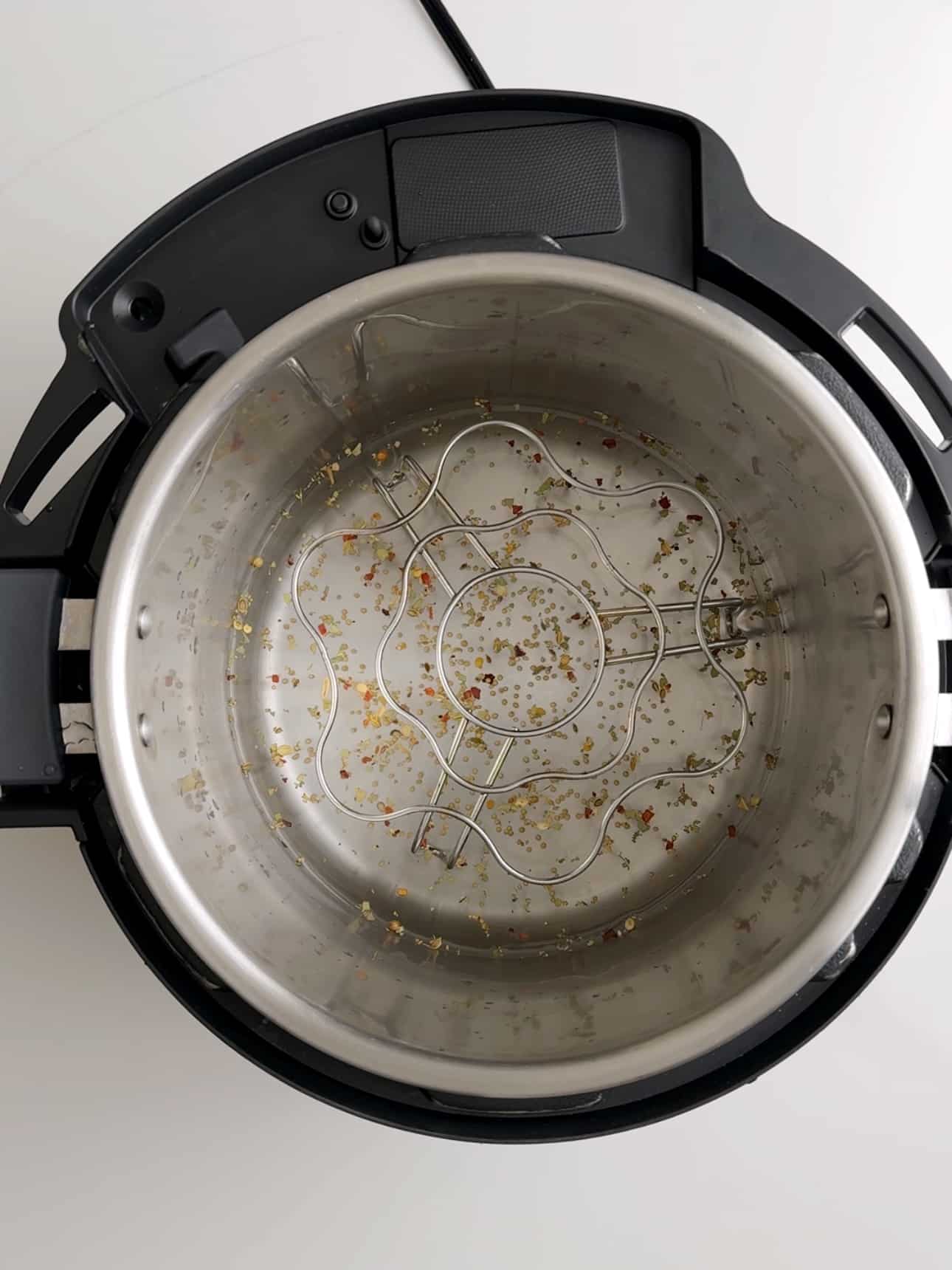An instant pot with water and spices