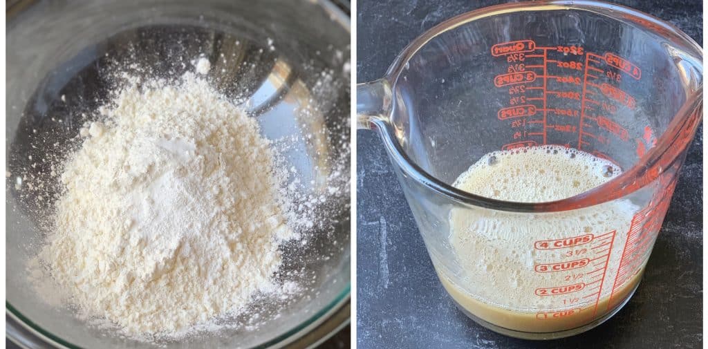 side by side images of dry ingredients in a bowl and wet ingredients in a measuring cup