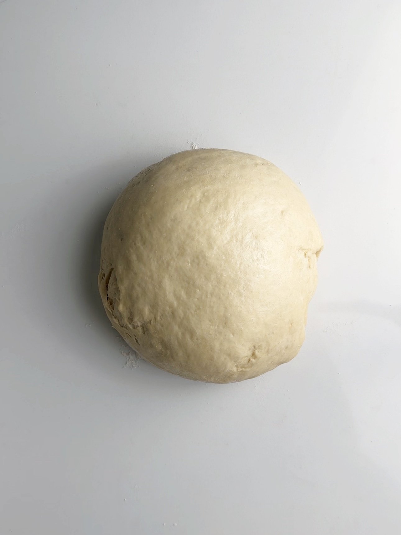 Large dough ball on a floured surface.