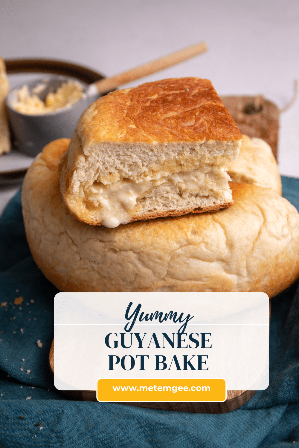 Pinterest Pin with Guyanese pot bake with a text bubble at the bottom of the image that reads yummy Guyanese Pot Bake