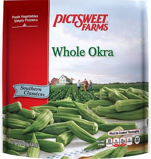 A bag of frozen whole okras by PictSweet Farms