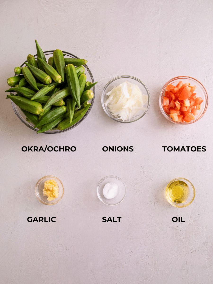 Ingredients for Guyanese Style okra measured out and labeled.