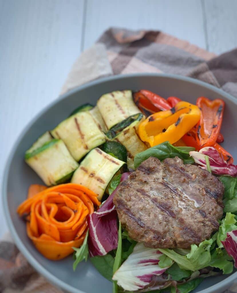 close up view of burger salad 