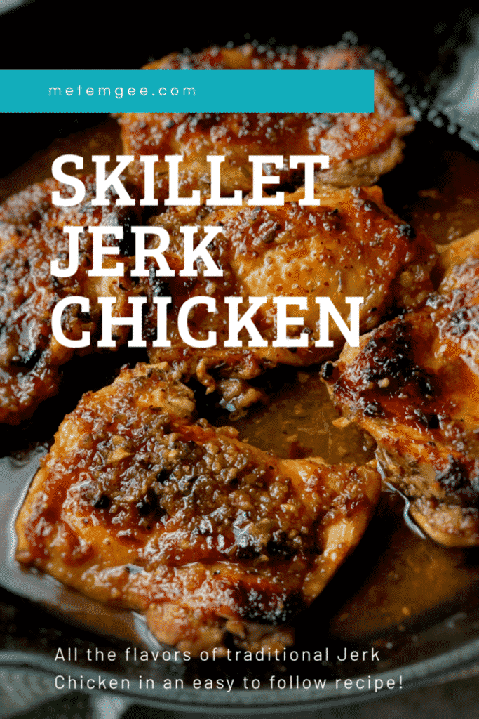 roasted jerk chicken thighs in a skillet