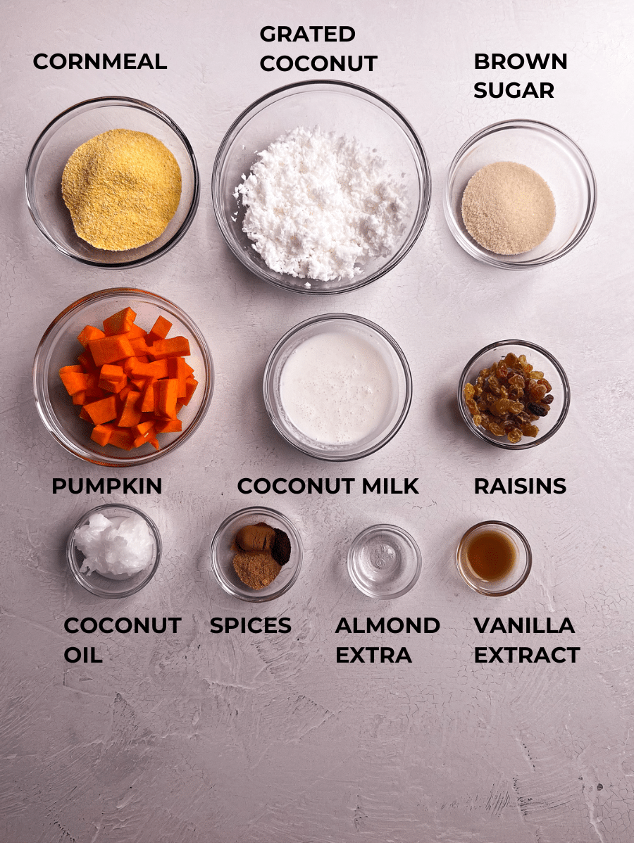 Ingredients for Conkie, measured out and labelled. 