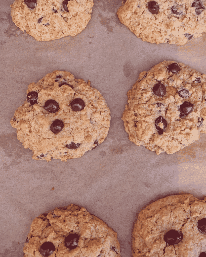 overhead view of baked grain free dairy free chocolate chip cookies