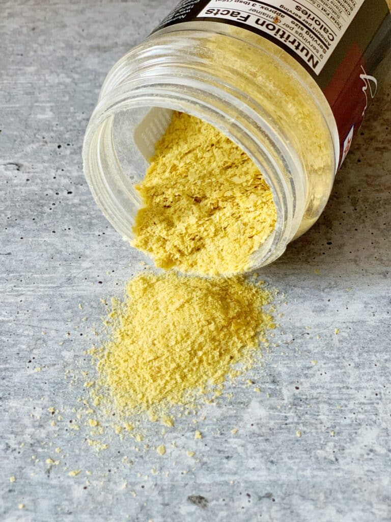 container of nutritional yeast used for Spaghetti Squash Mac and Cheese recipe