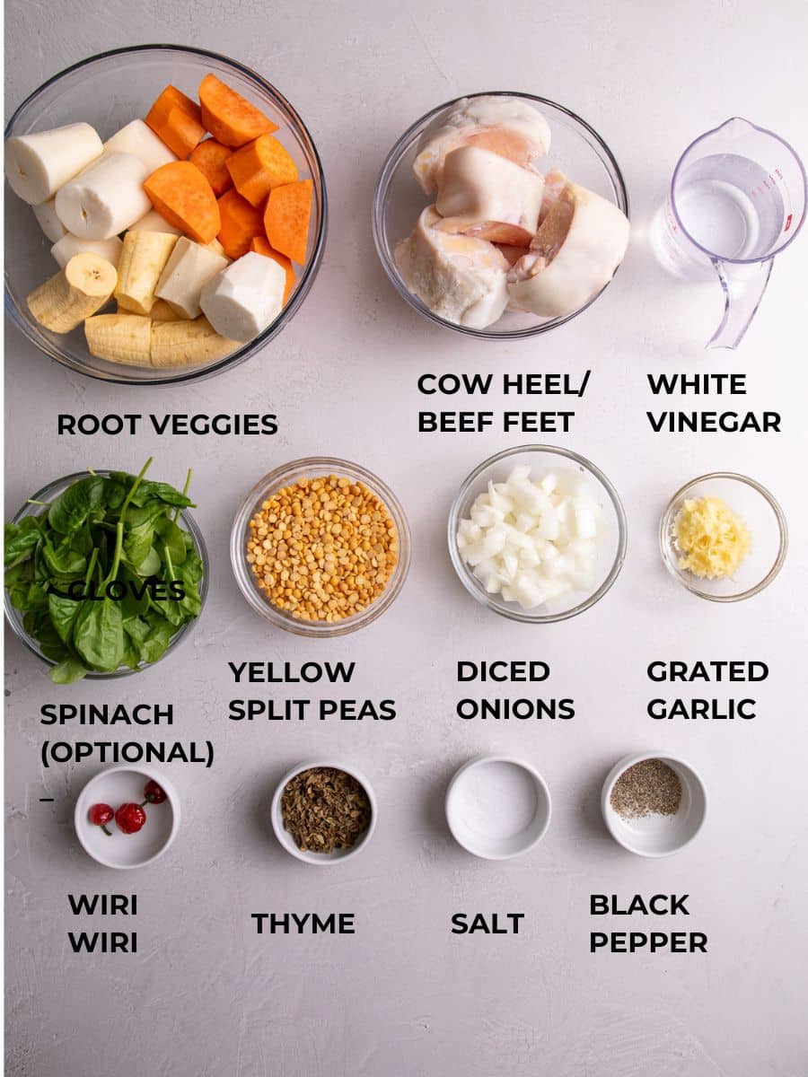 ingredients for cow heel soup measured out and labelled