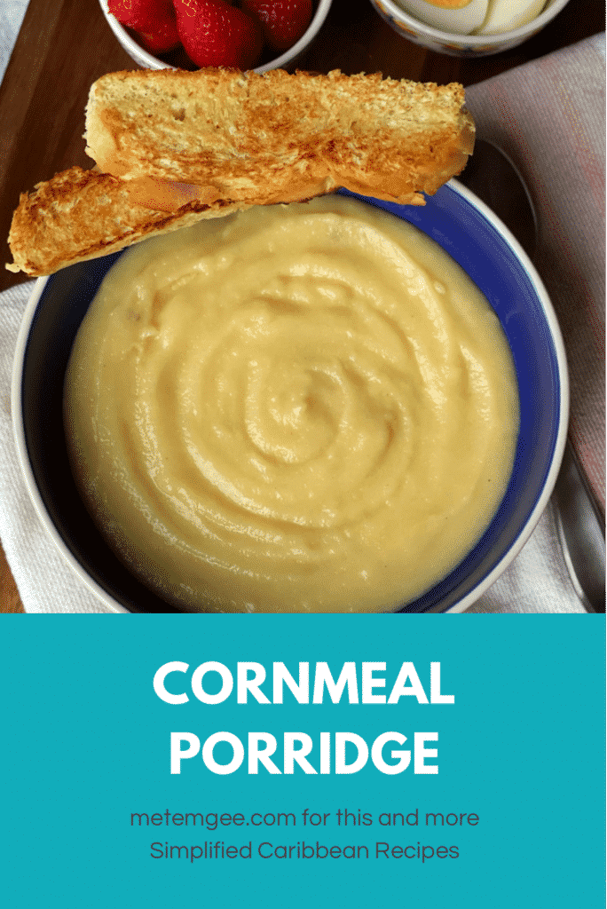 cornmeal porridge served with toasted bread, fruit, and boiled eggs