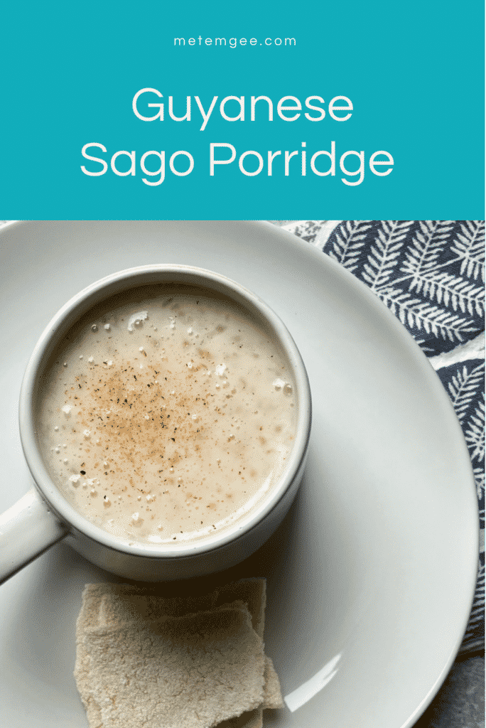 a mug full of sago porridge with a side of cassava bread