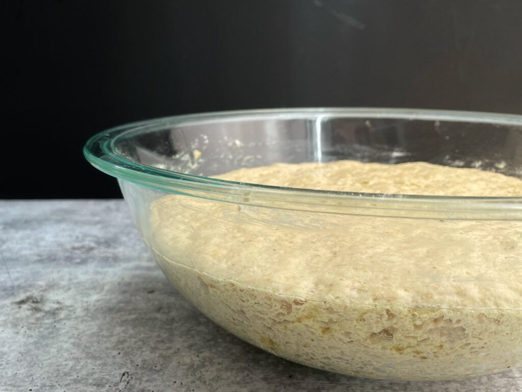 a clear mixing bowl full of Gluten Free dough made with All Purpose Flour and Psyllium husk gel