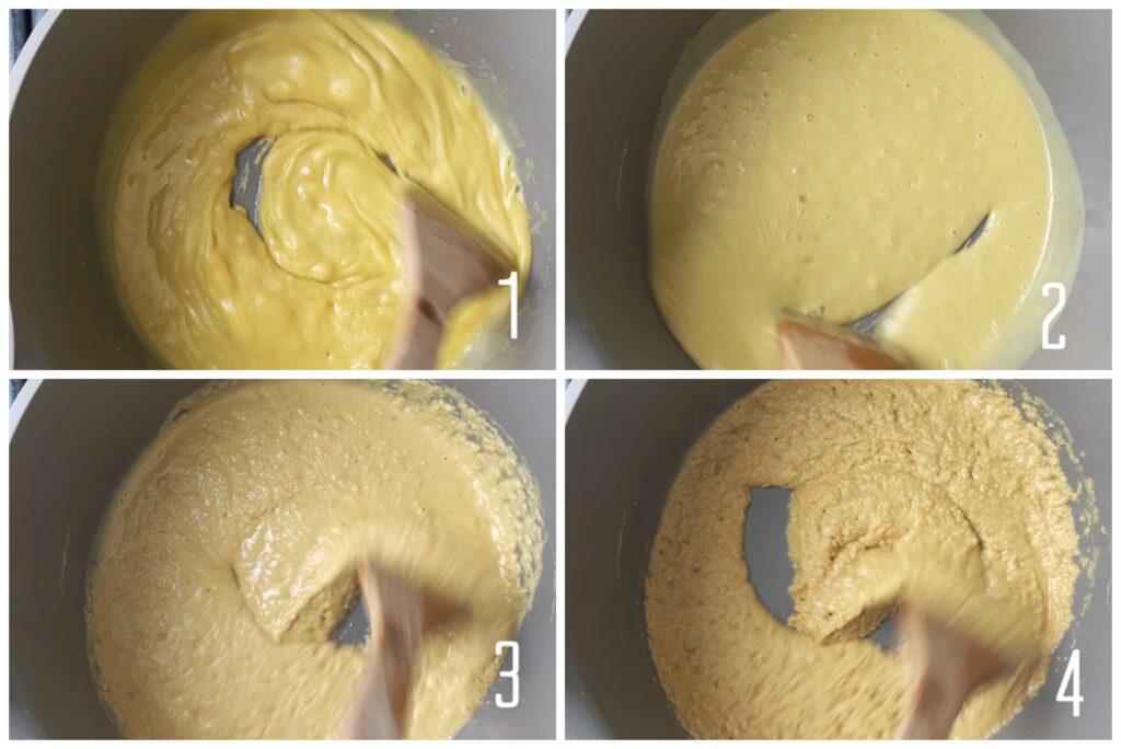 Steps for cooking parching flour in ghee for Guyanese parsad