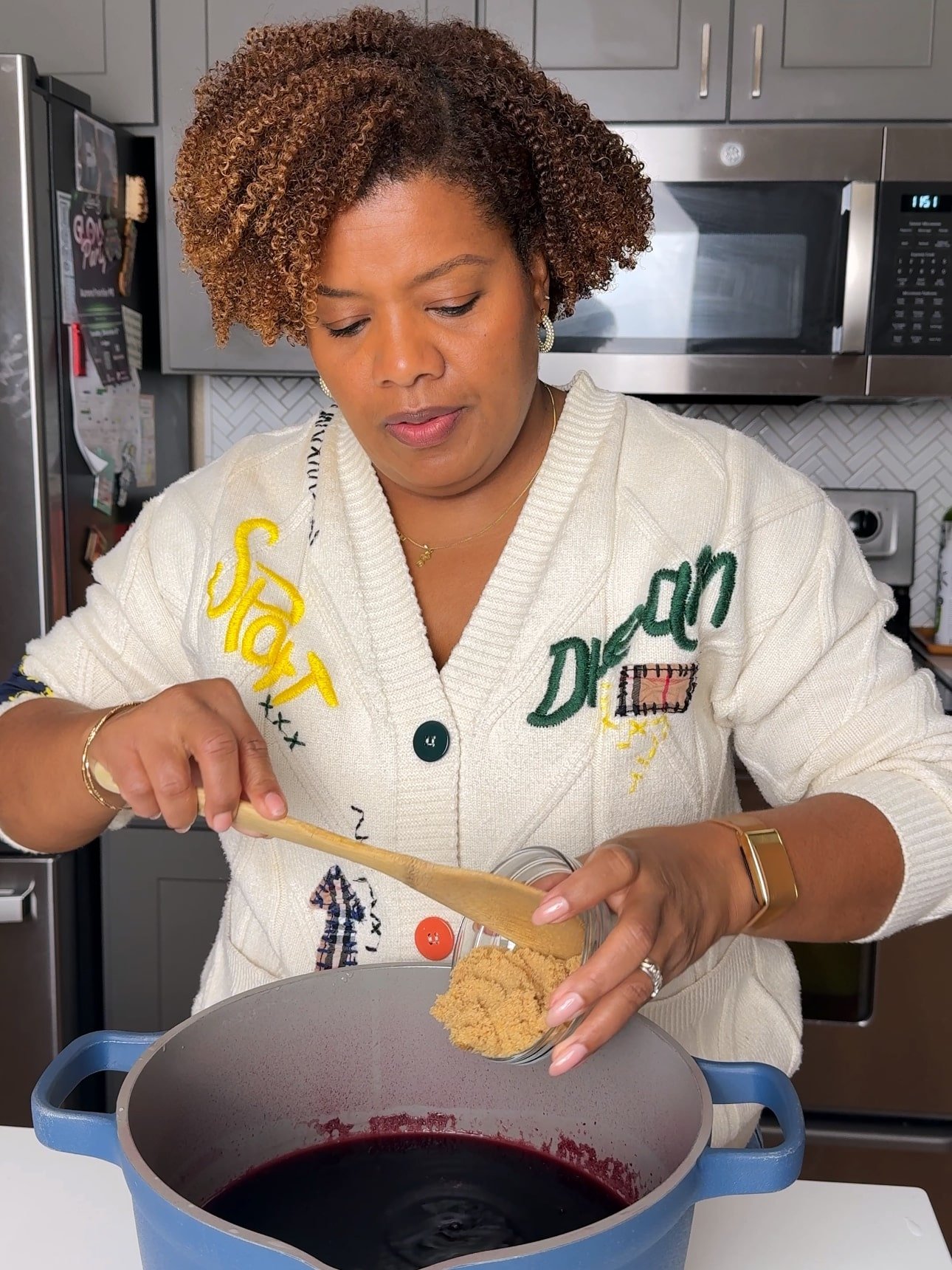 Sweetening Sorrel with brown sugar. 