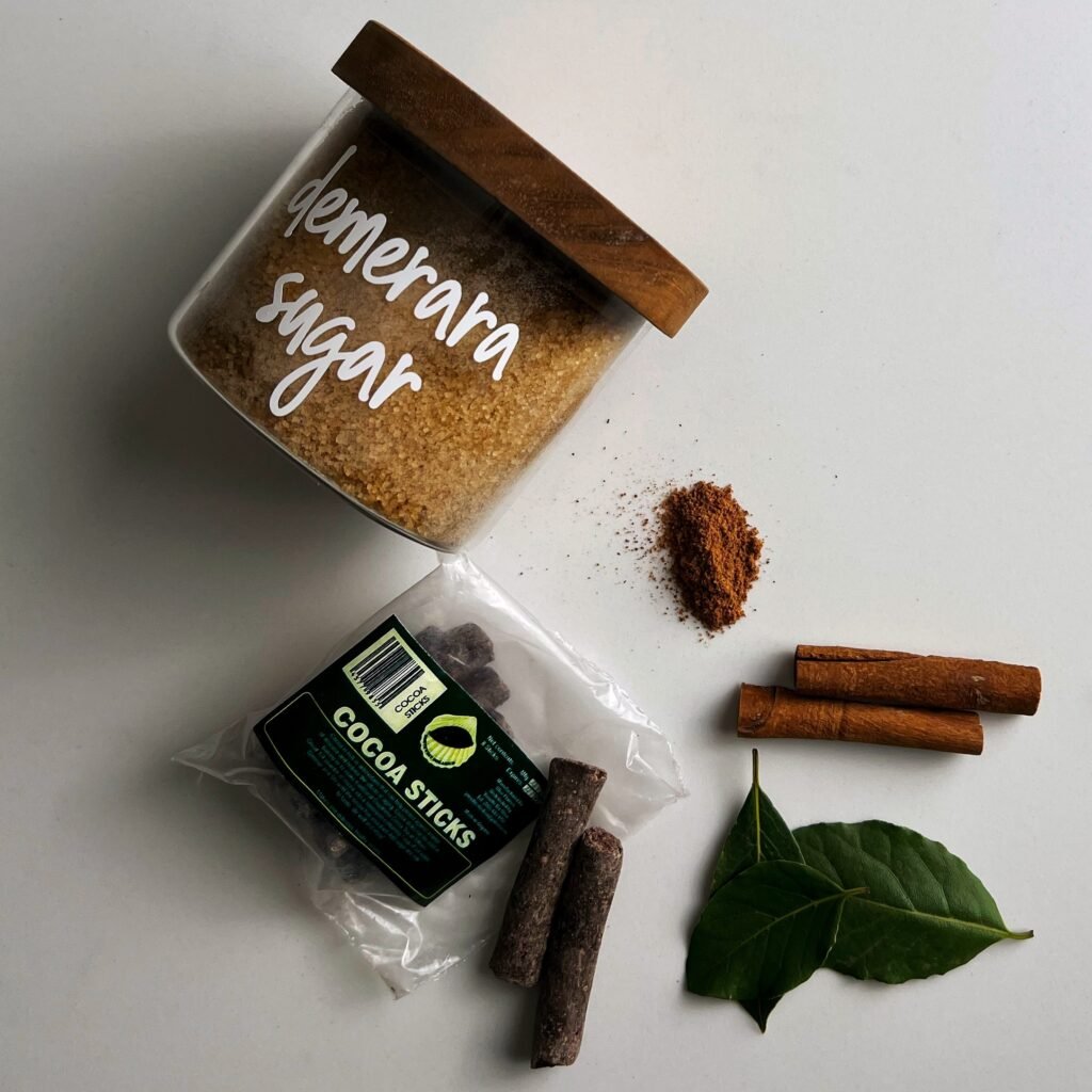 Ingredients for cocoa tea on a white background