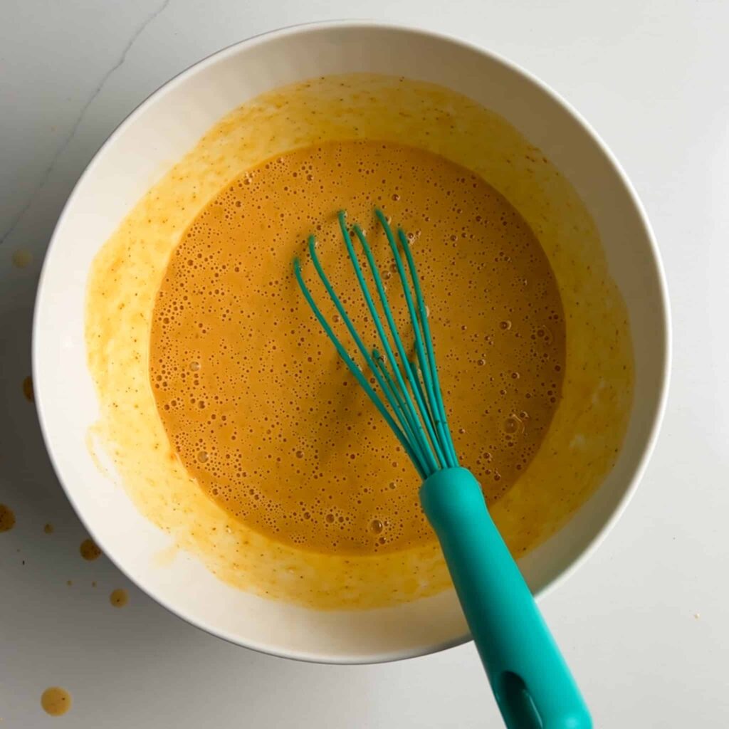 custard mix in a bowl with a teal whisk 