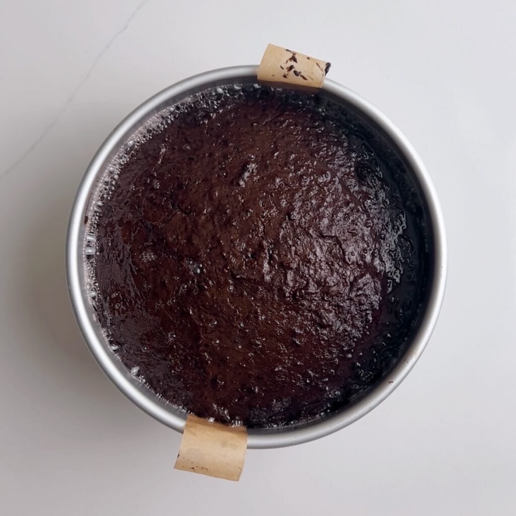 overhead view of freshly baked non-alcoholic black cake