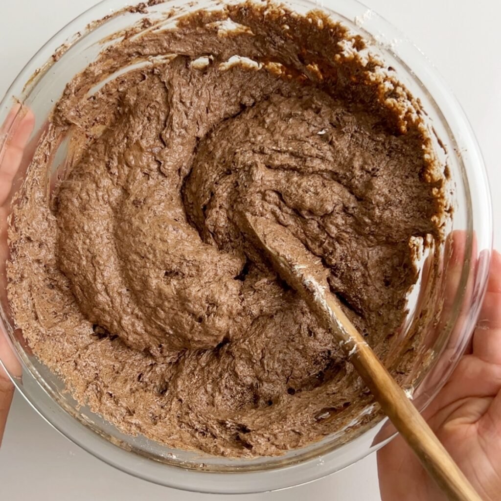 black cake batter without alcohol in a bowl