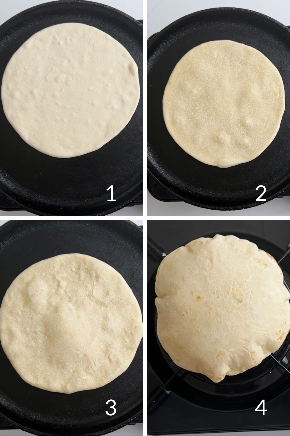 4 step visual for cooking sada roti on a tawa
