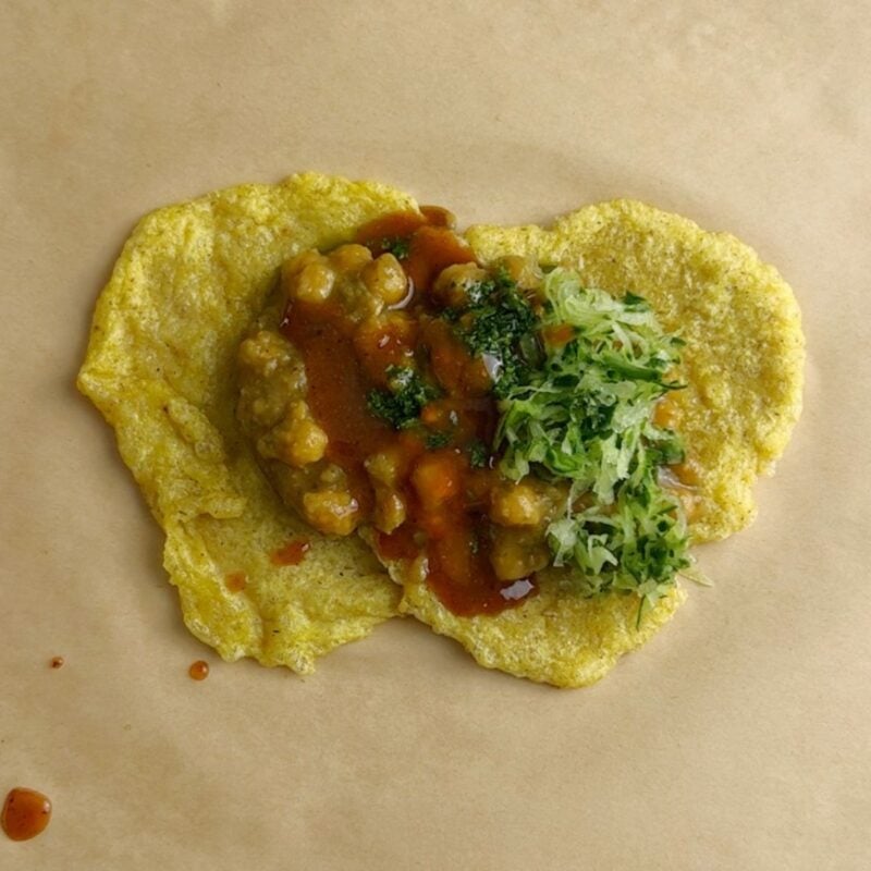 gluten free doubles on brown parchment paper.