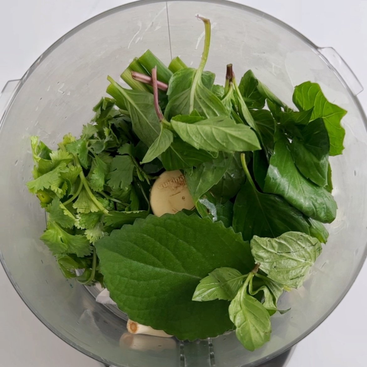 Aromatics and fresh herbs in a food processor