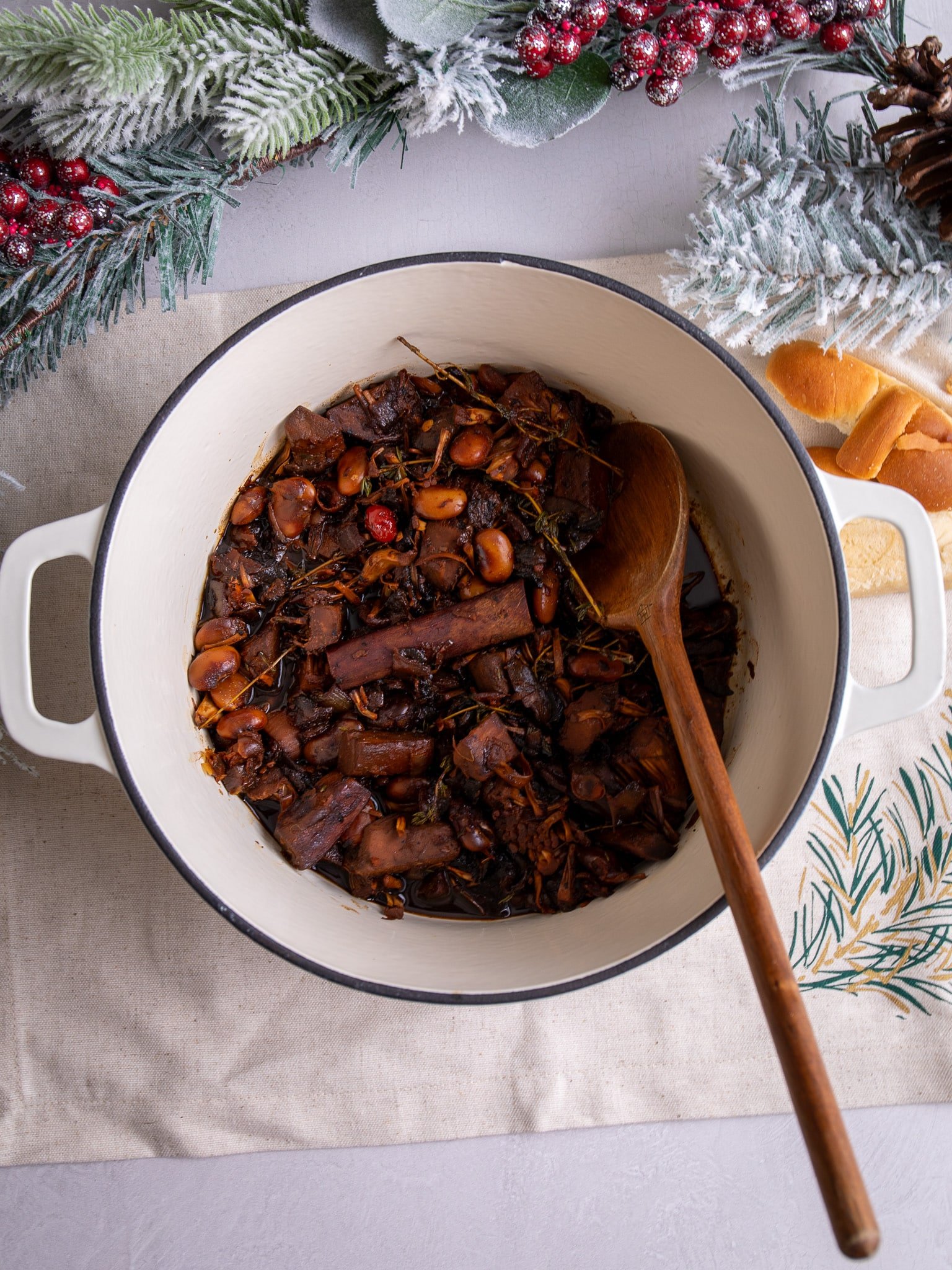 Vegan Guyanese pepperpot in a dutch oven.