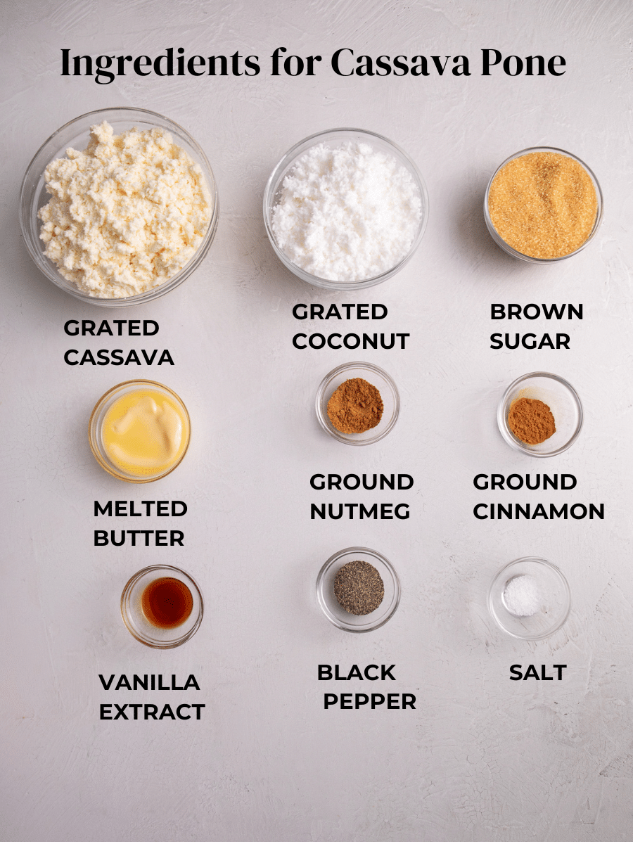 Ingredients for Cassava Pone measured out and labeled.