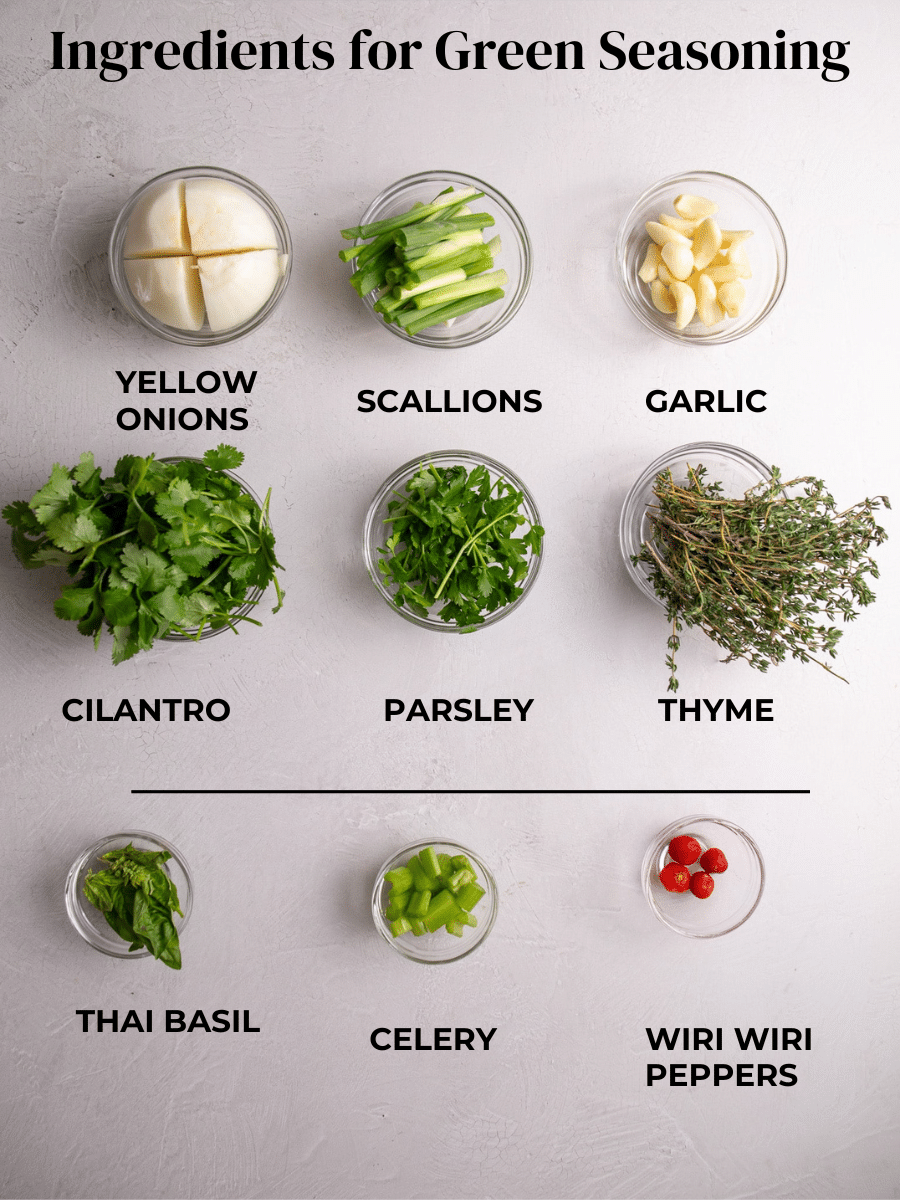 caribbean green seasoning Ingredients for green seasoning measured out and labeled.