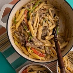 Jerk chicken pasta with penne in a creamy parmesan sauce with bell peppers and sliced chicken.