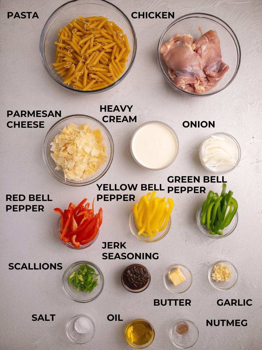 Ingredients for jerk chicken pasta including penne pasta, chicken thighs, bell peppers, parmesan cheese, heavy cream, jerk seasoning, garlic, scallions, and onions.
