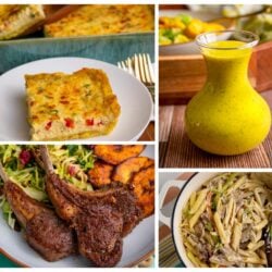 A collage featuring plantain quiche, mango vinaigrette in a glass bottle, pan seared lamb chops with sides, and a pot of creamy jerk chicken pasta.