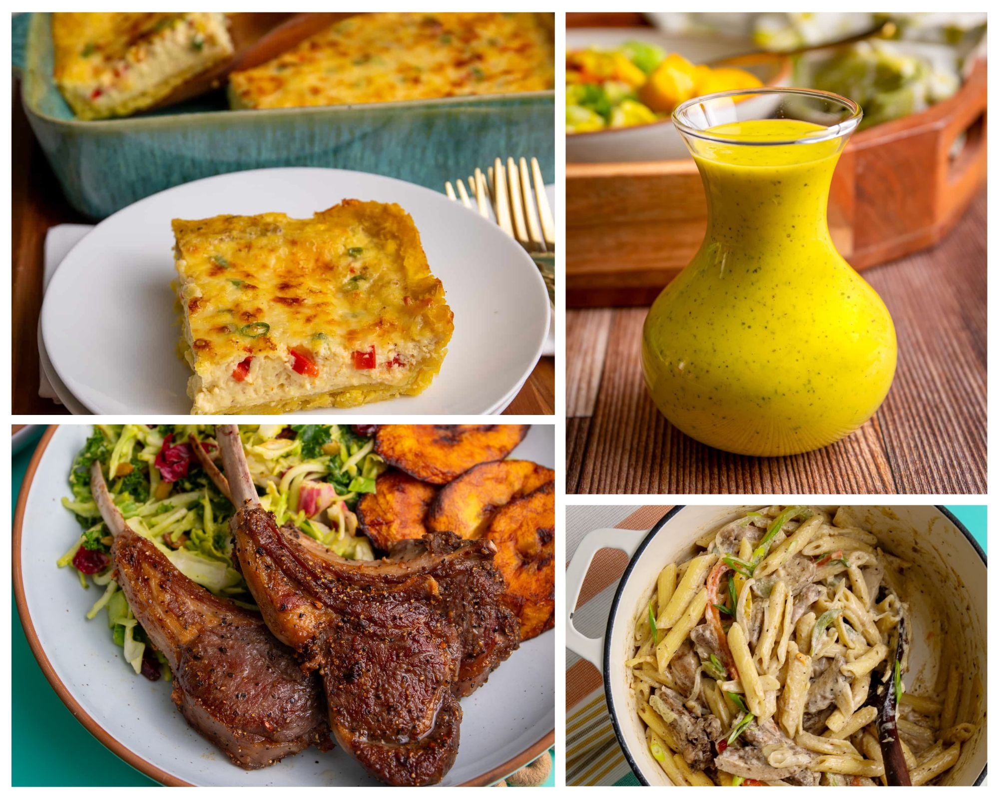 A collage featuring plantain quiche, mango vinaigrette in a glass bottle, pan seared lamb chops with sides, and a pot of creamy jerk chicken pasta.