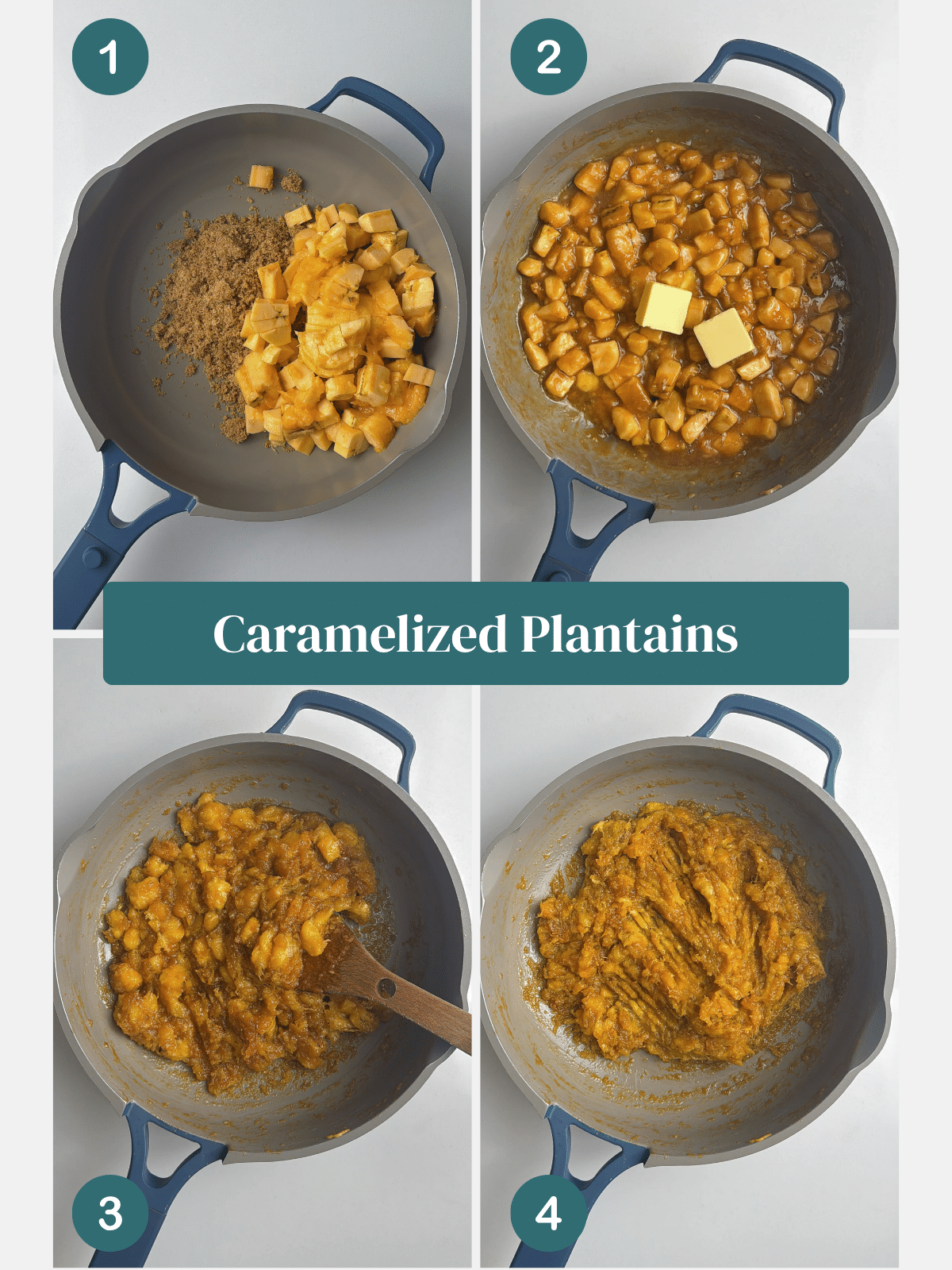 Step-by-step view of caramelized plantains cooking in a pan.
