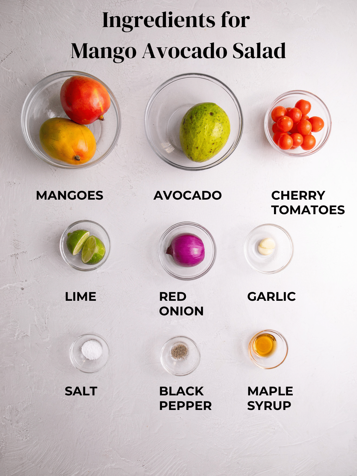 A flat lay of ingredients including mangoes, avocado, cherry tomatoes, lime, red onion, garlic, salt, black pepper, and maple syrup labeled on a white background.