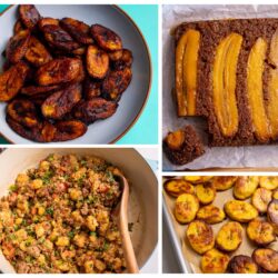 Collage of plantain recipes including fried sweet plantains, plantain bread with caramelized slices, savory plantain hash, and roasted plantains on a baking sheet.