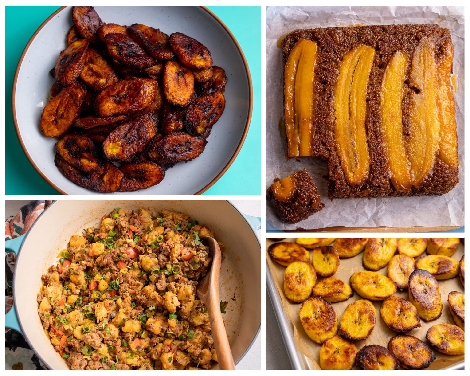 Collage of plantain recipes including fried sweet plantains, plantain bread with caramelized slices, savory plantain hash, and roasted plantains on a baking sheet.
