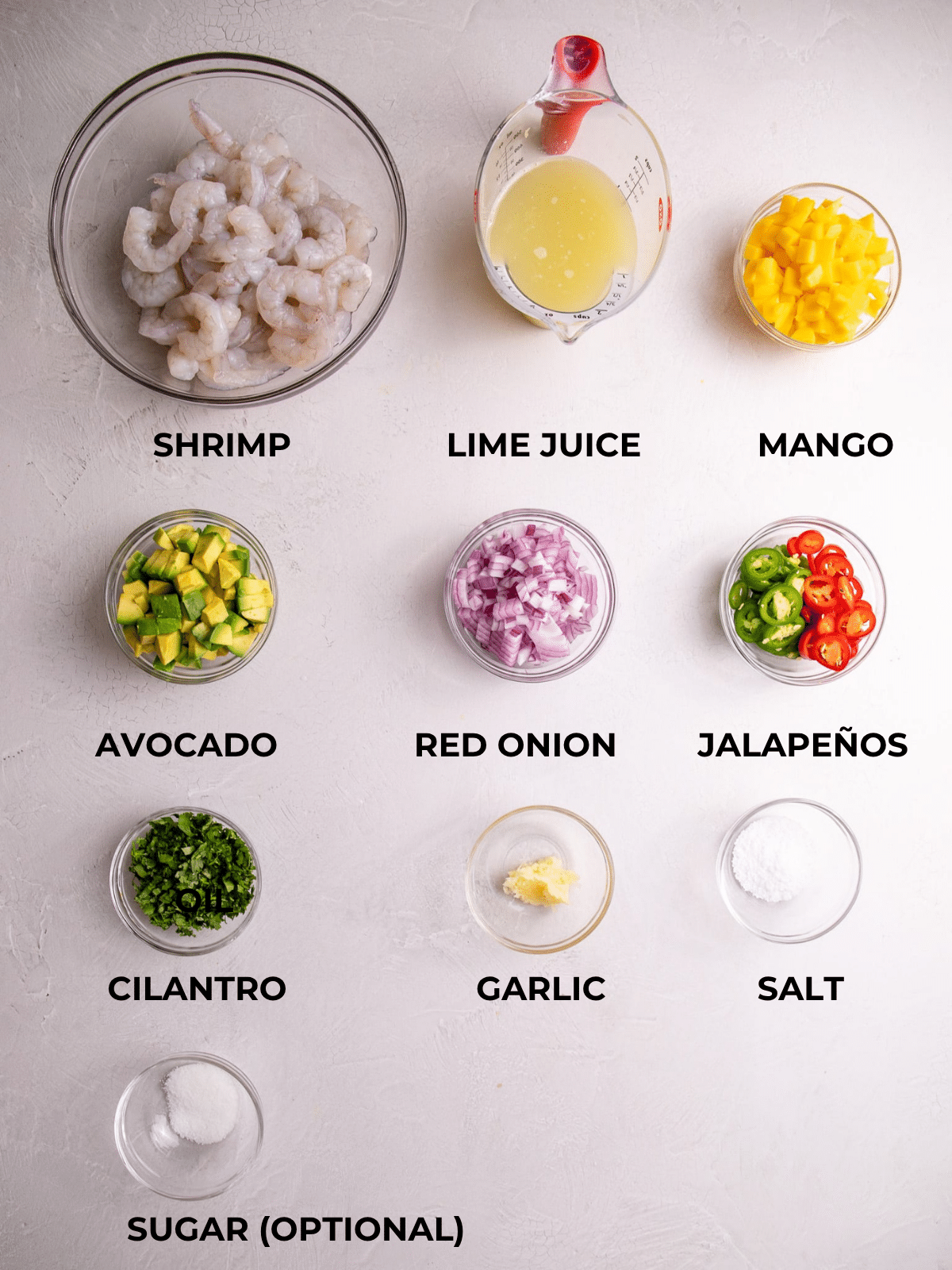 Ingredients for shrimp ceviche with raw shrimp, lime juice, mango, avocado, red onion, jalapeños, cilantro, garlic, salt, and sugar on white background.