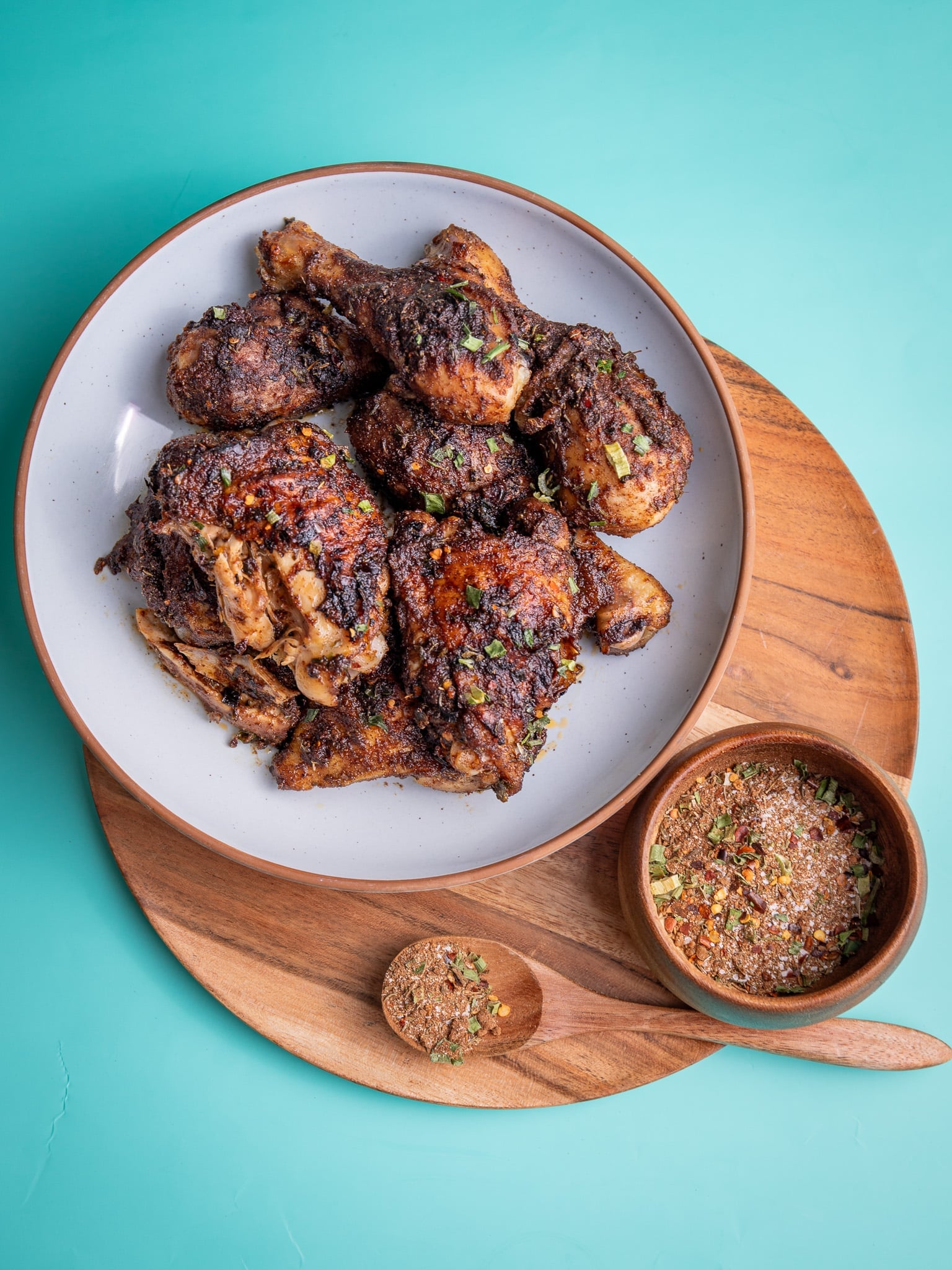 Jamaican jerk seasoning dry rub on baked chicken thighs and drumsticks