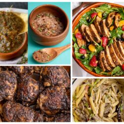 June 2026 Cooking Challenge collage featuring jerk marinade, jerk dry rub, jerk chicken salad, jerk chicken thighs, and creamy jerk pasta arranged in a five photo grid.