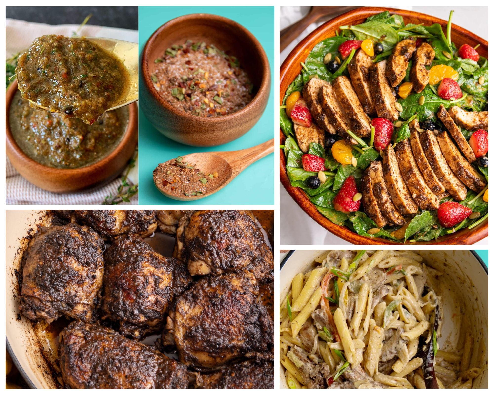 June 2026 Cooking Challenge collage featuring jerk marinade, jerk dry rub, jerk chicken salad, jerk chicken thighs, and creamy jerk pasta arranged in a five photo grid.