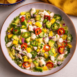 Shrimp ceviche with mango, avocado, jalapeños, and lime juice served with plantain chips