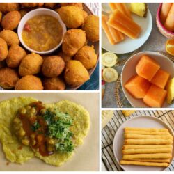 A collage of Caribbean street foods featuring golden pholourie served with mango sour, doubles topped with curried channa and shredded cucumber, crisp cheese straws, and tropical fruit ice pops and frozen fruit cubes.