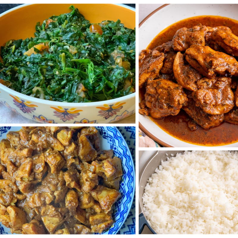 Collage featuring four Caribbean recipes: Guyanese bhaji (sautéed spinach), easy Caribbean stew chicken, bunjal chicken curry, and a pot of fluffy white rice for the August Metemgee Cooking Challenge.