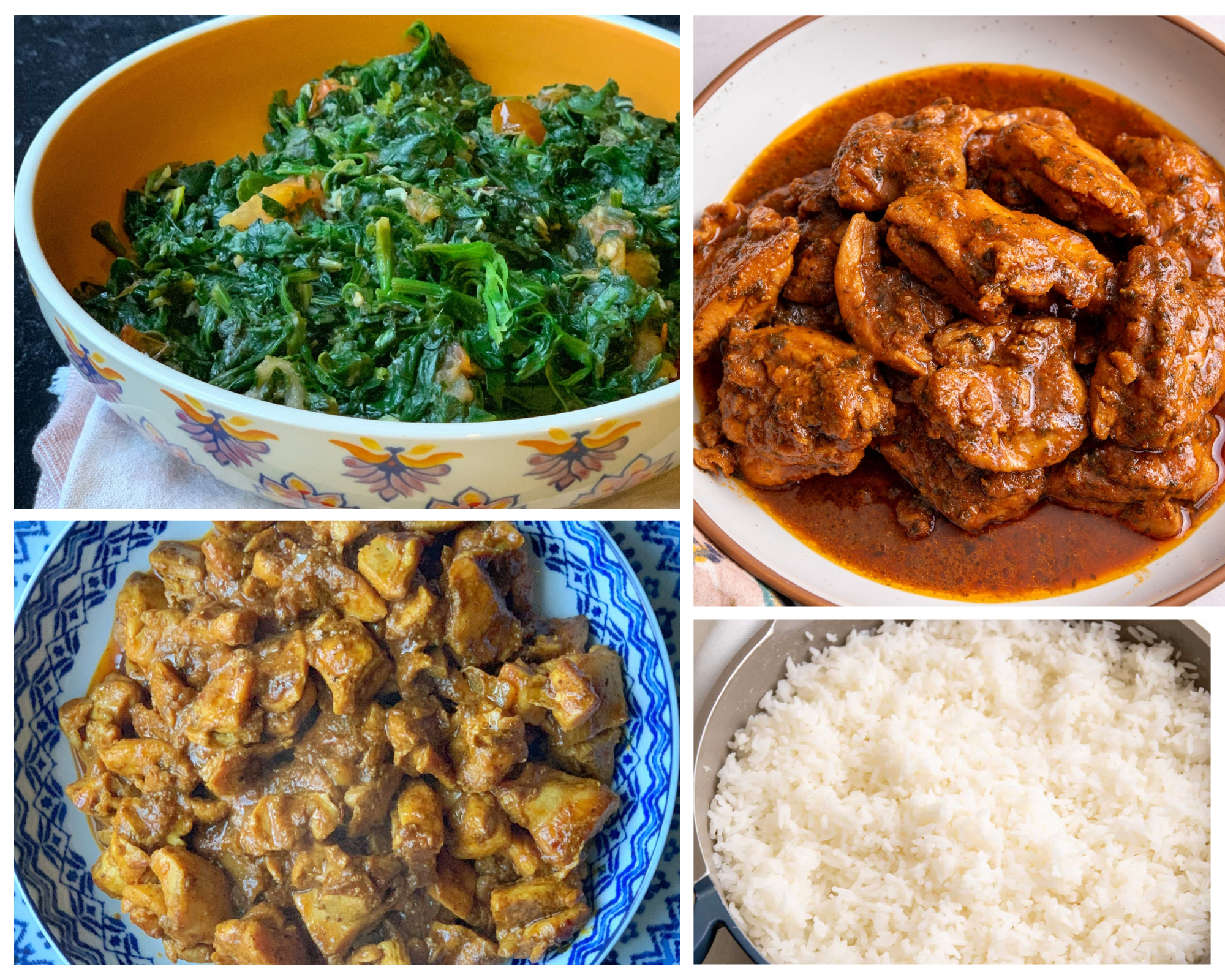 Collage featuring four Caribbean recipes: Guyanese bhaji (sautéed spinach), easy Caribbean stew chicken, bunjal chicken curry, and a pot of fluffy white rice for the August Metemgee Cooking Challenge.