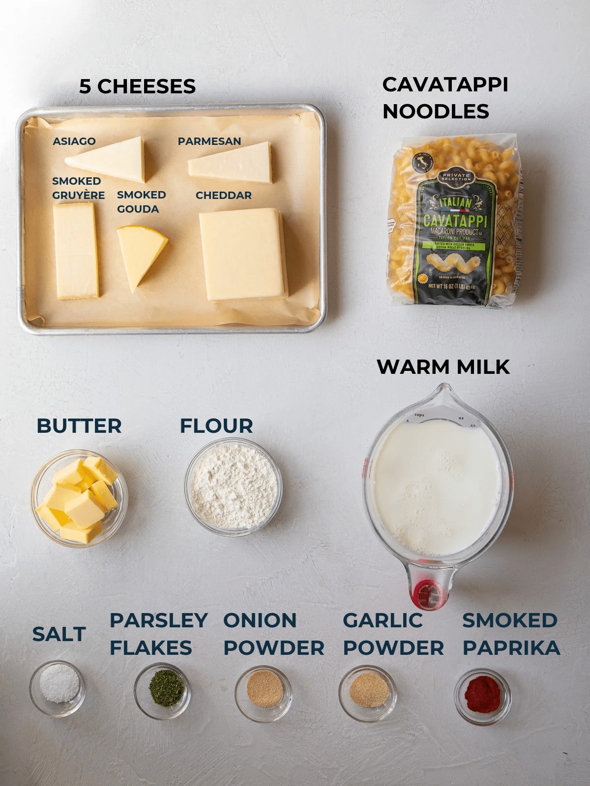 Ingredients for 5 cheese mac and cheese: asiago, parmesan, smoked gruyère, smoked gouda and cheddar, plus cavatappi, warm milk, butter, flour, salt, parsley flakes, onion powder, garlic powder and smoked paprika.